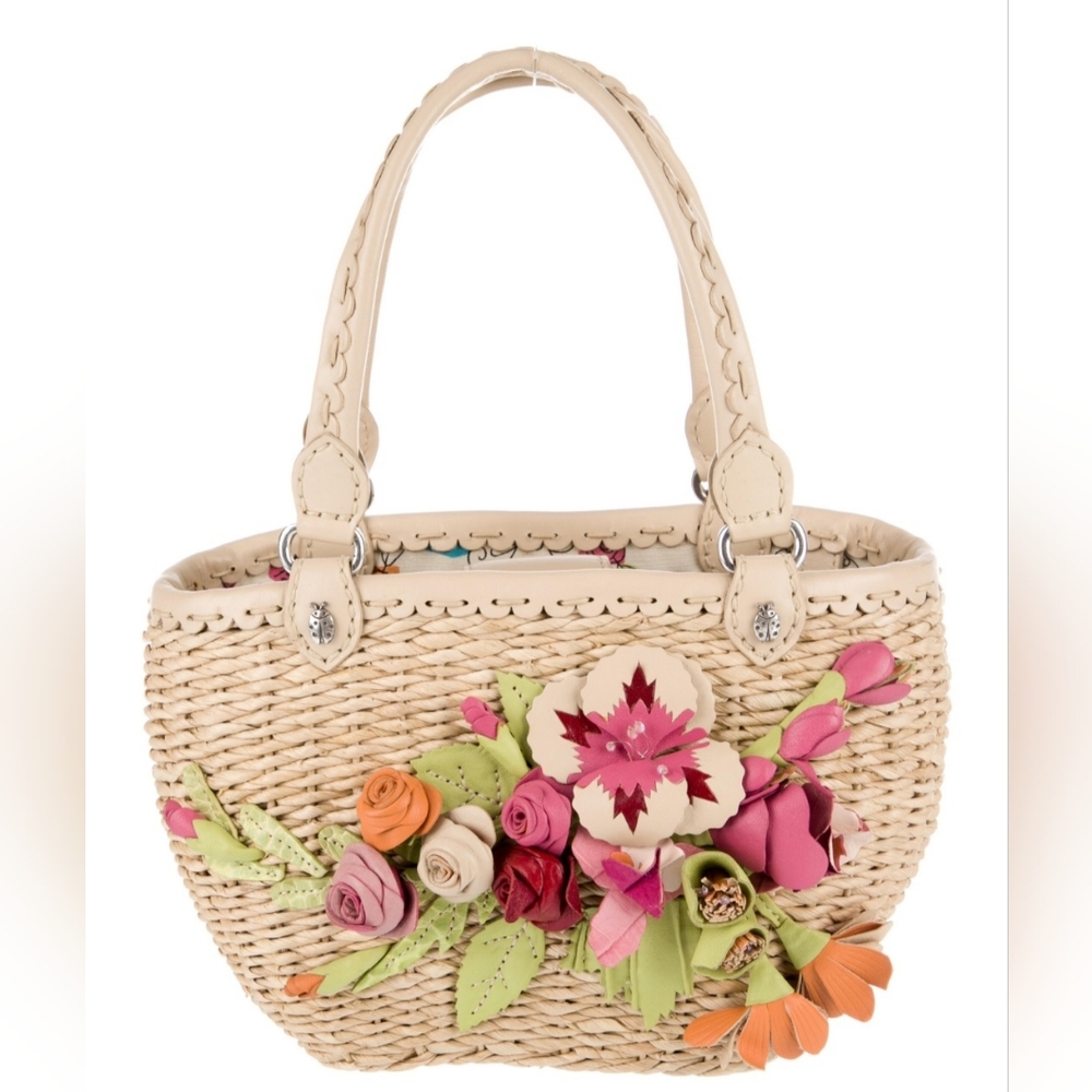 Woven Floral Accent Straw Tote Bag - Cream with Multicolor Flowers